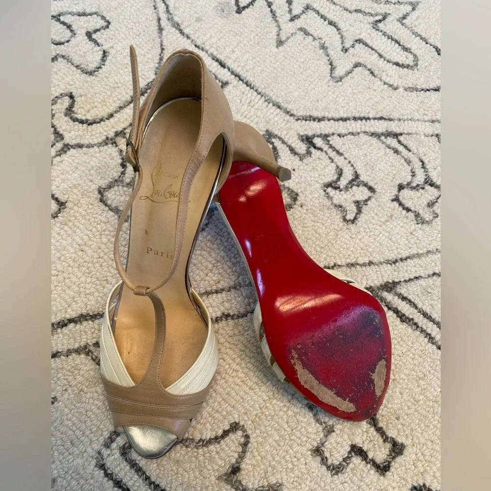 Christian Louboutin Tan and Cream Strappy Heels